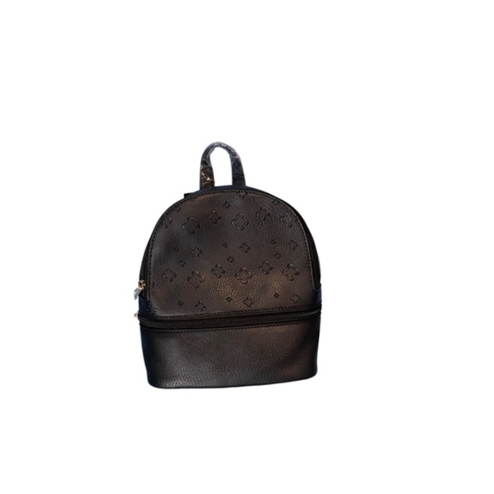 Unbranded Black Faux Leather‎ Mini Backpack Embossed Monogram Two Zip Pockets